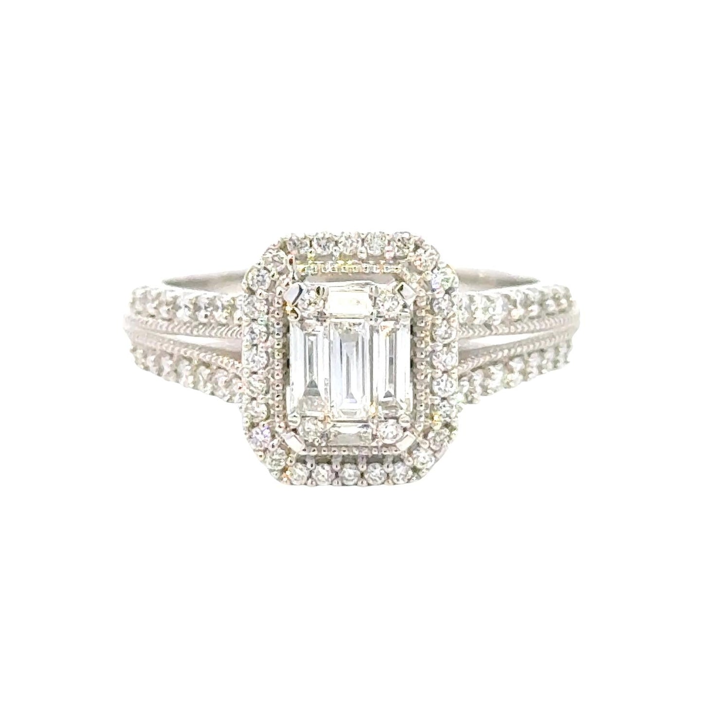 Aamiaa - 0.66 Carat Natural Diamond Emerald Cut Double Halo Engagement Ring - Size 6.5
