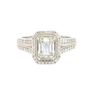 Aamiaa - 0.66 Carat Natural Diamond Emerald Cut Double Halo Engagement Ring - Size 6.5