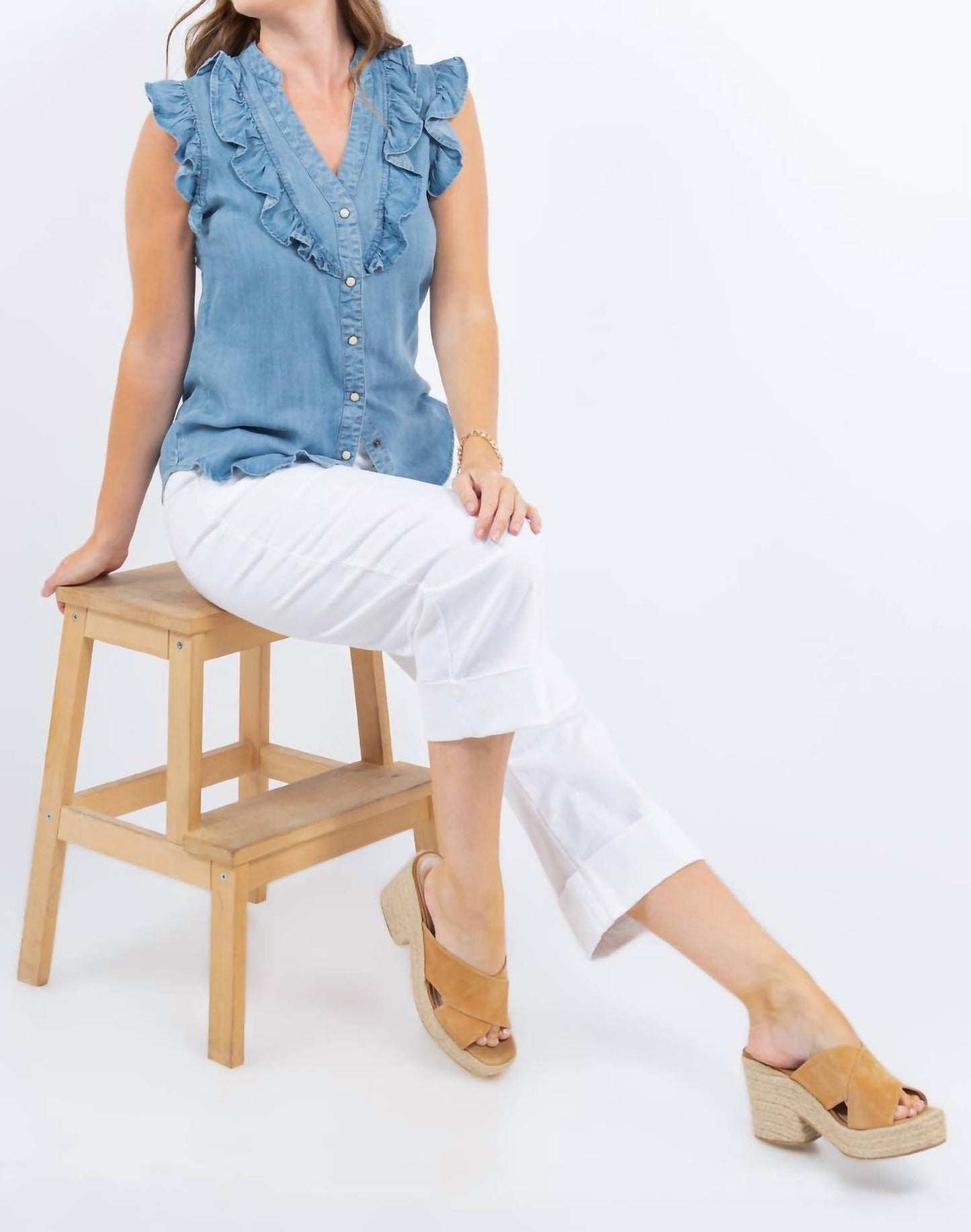 Paparazzi - Tencel Denim Ruffle Front Sleeveless Shirt