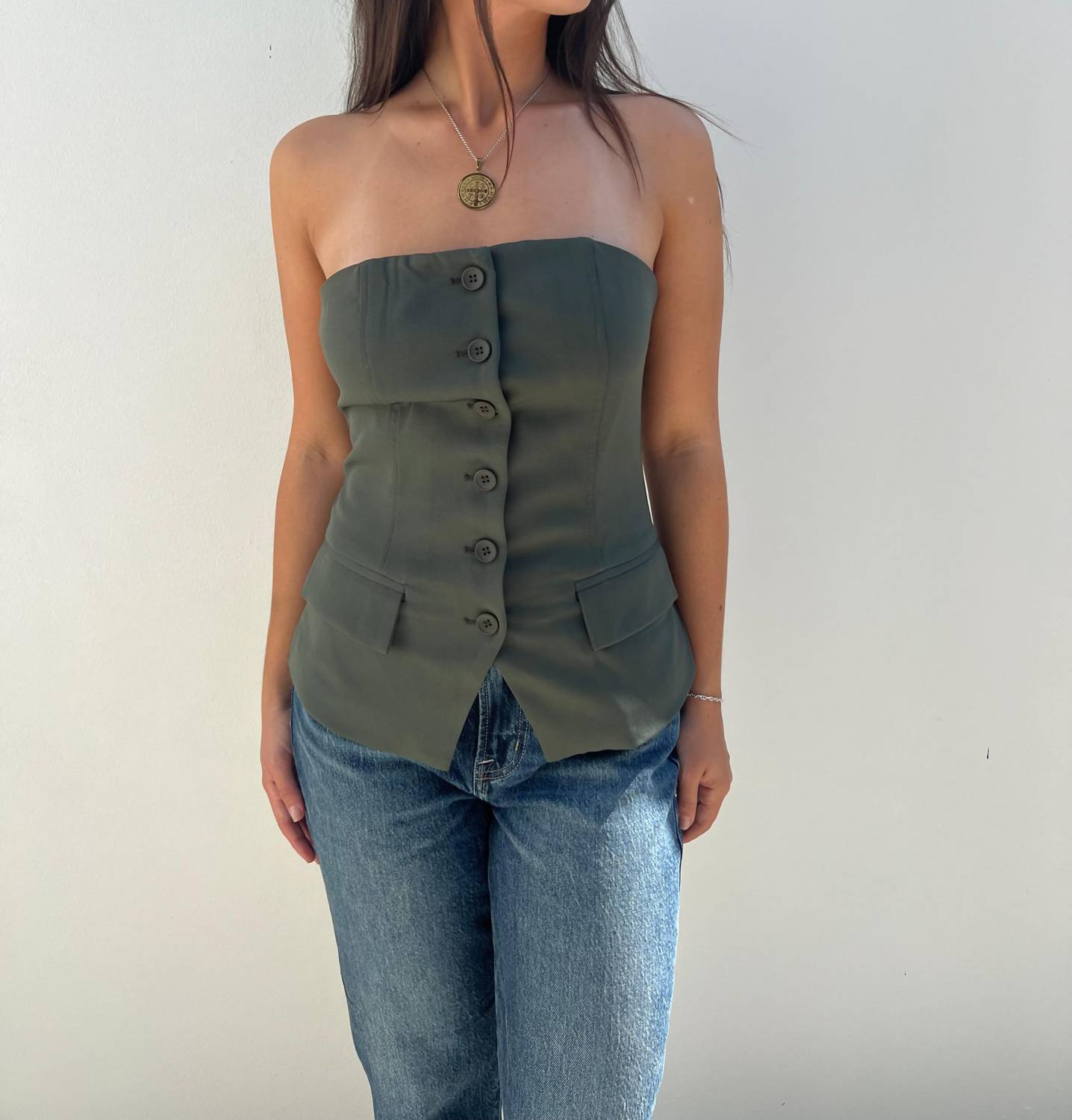 Aiblee - Button Down Olive Bustier Top