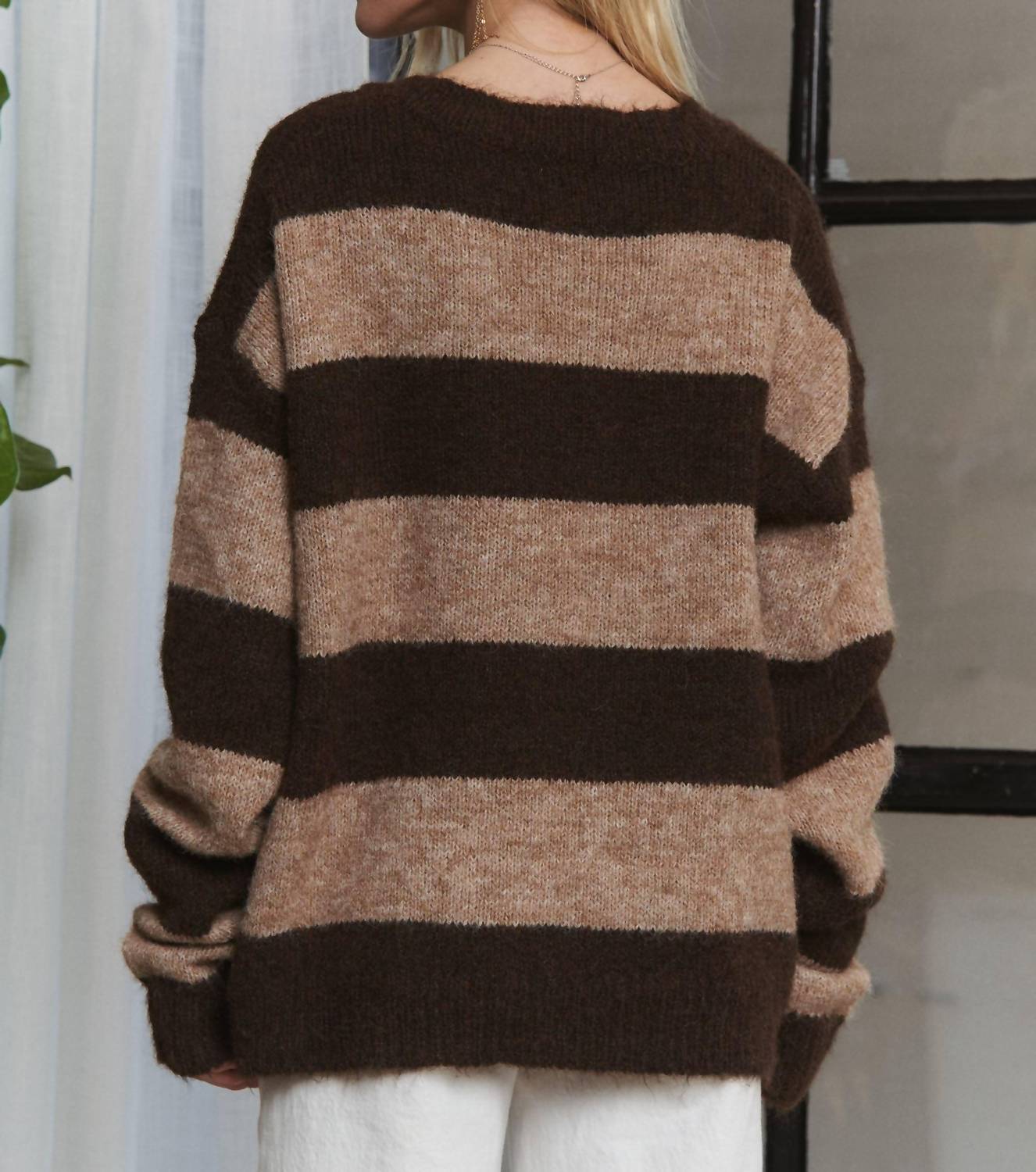 Adora - Stripes Knit Sweater With Scarf