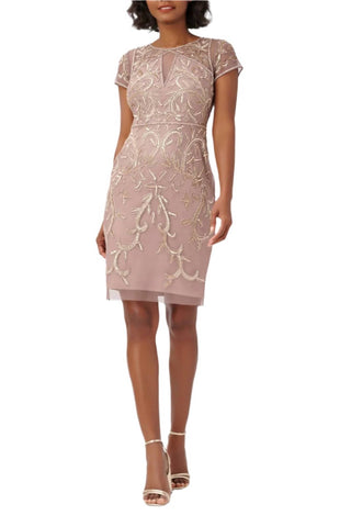 Adrianna Papell - Short Sleeves Back Zipper Short Beaded Mesh Dress