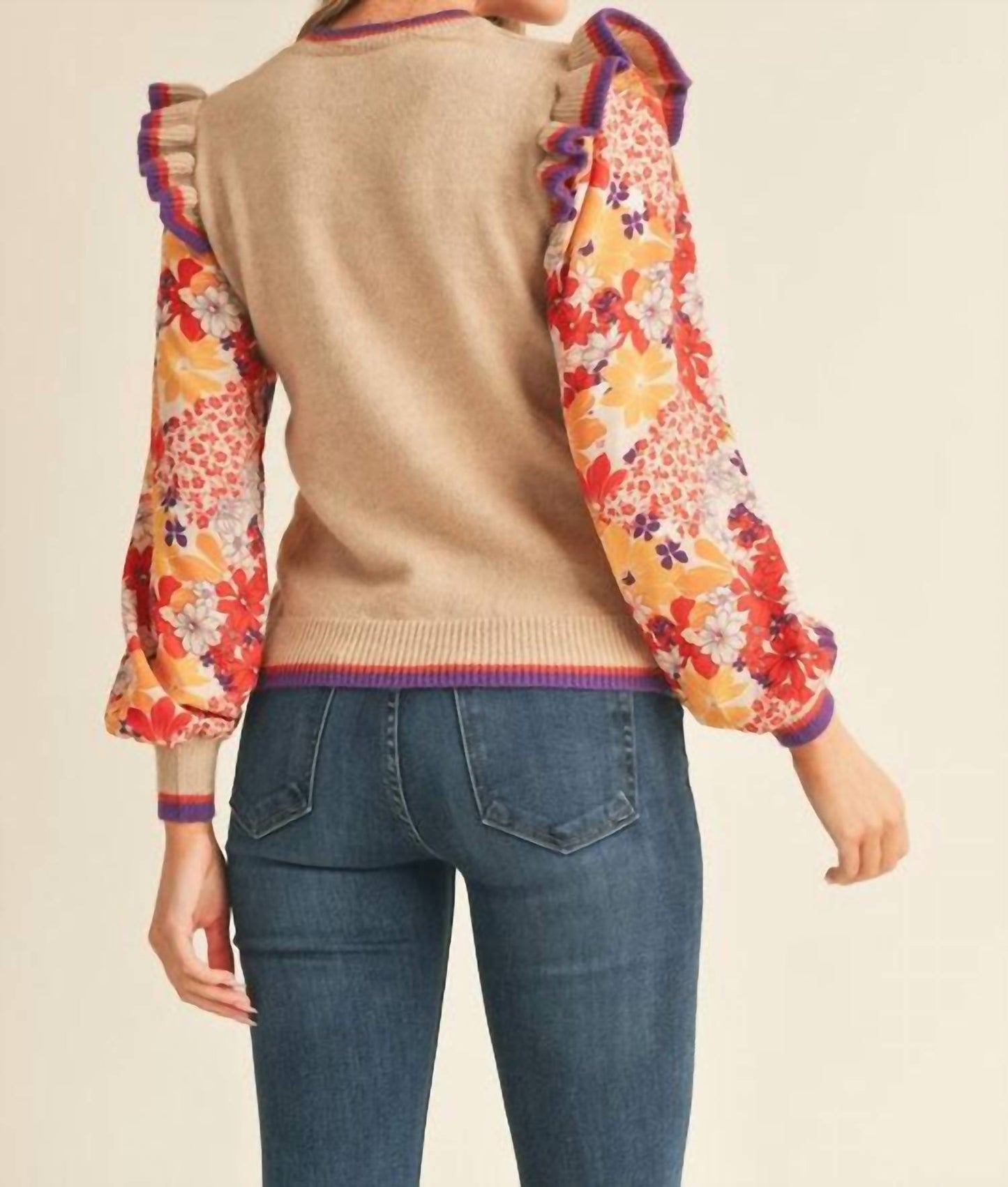&Merci - Knit Sweater With Woven Floral Sleeves