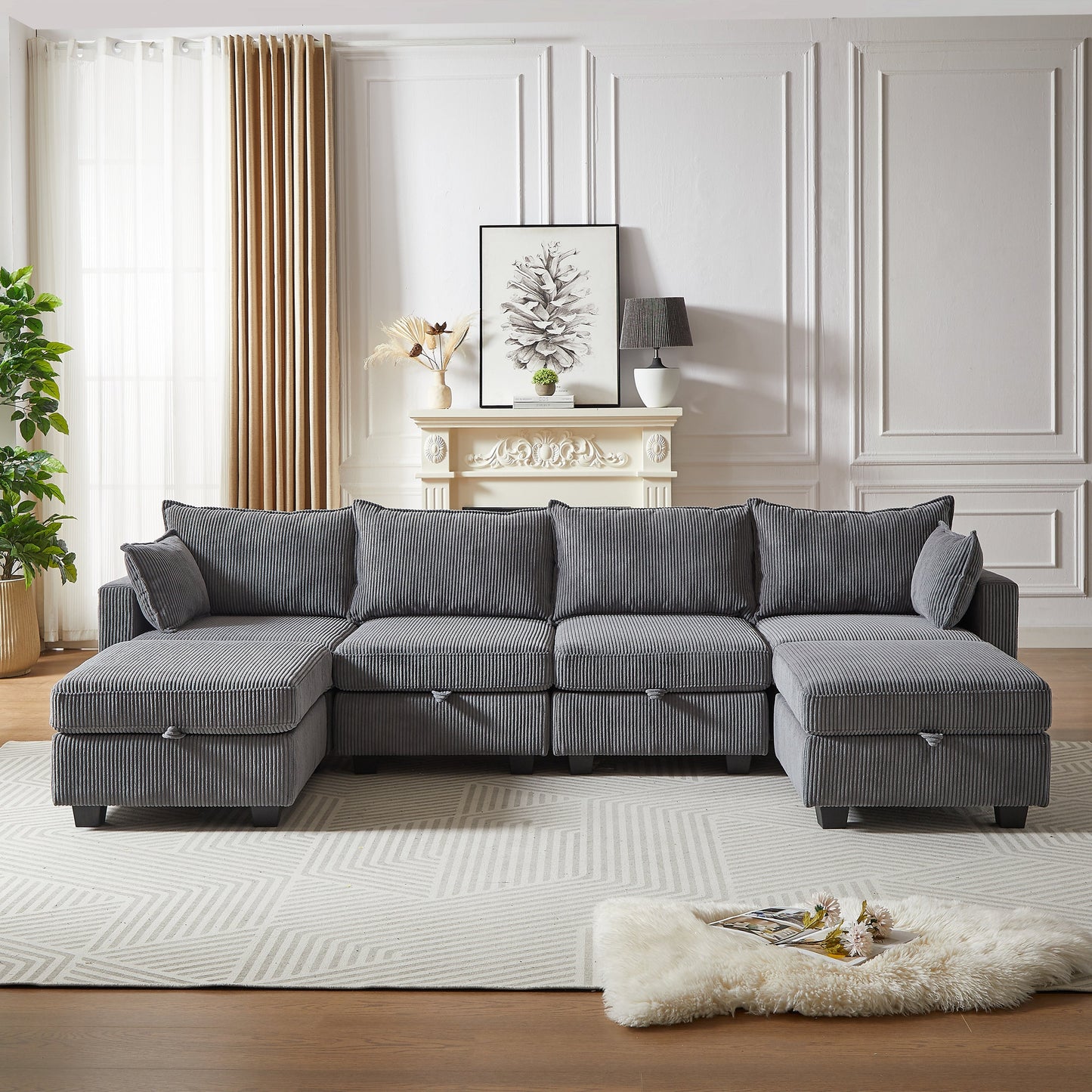 113.5'' Modular Sectional Corduroy Sofa with Storage Ottoman