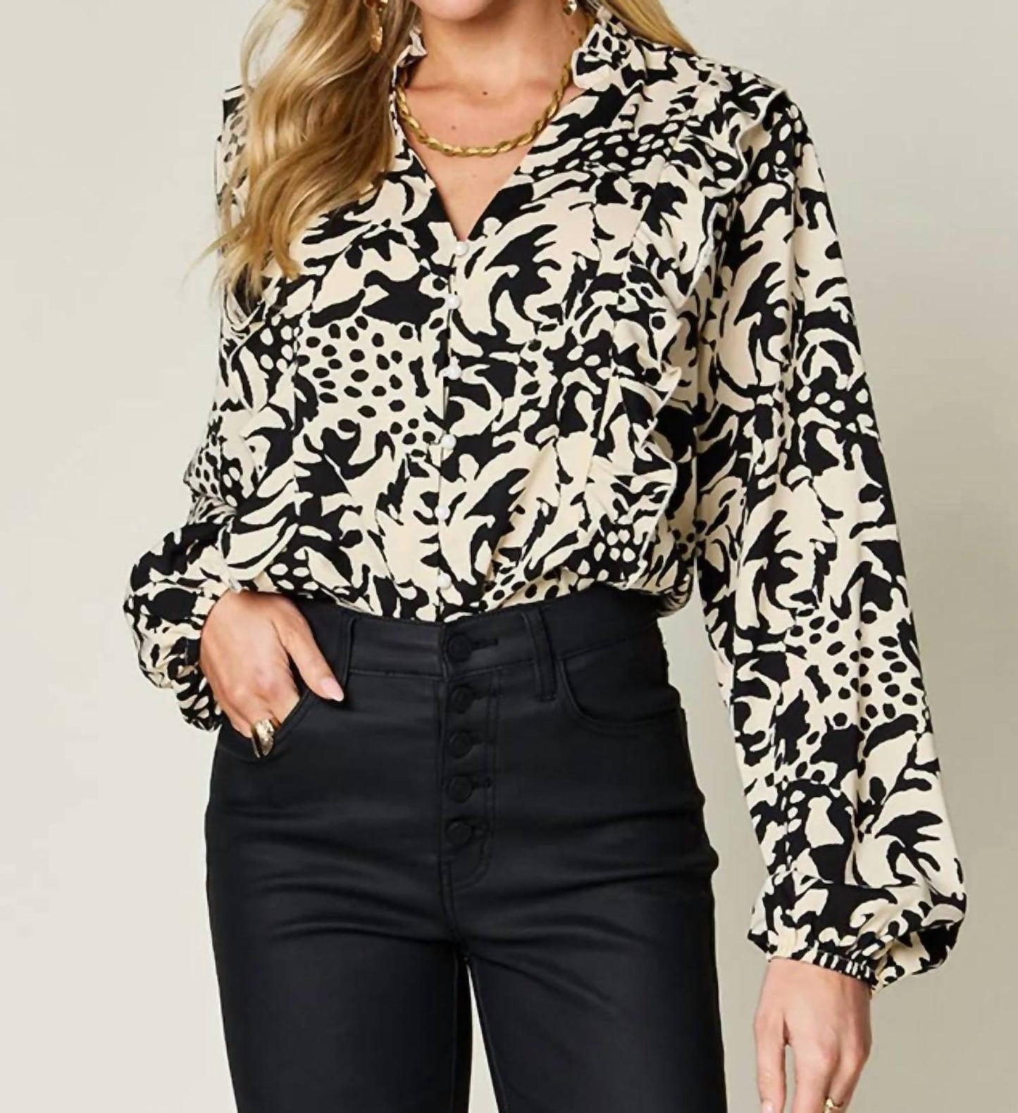 Double Take - Full Size Printed Ruffle Trim Balloon Sleeve Shirt