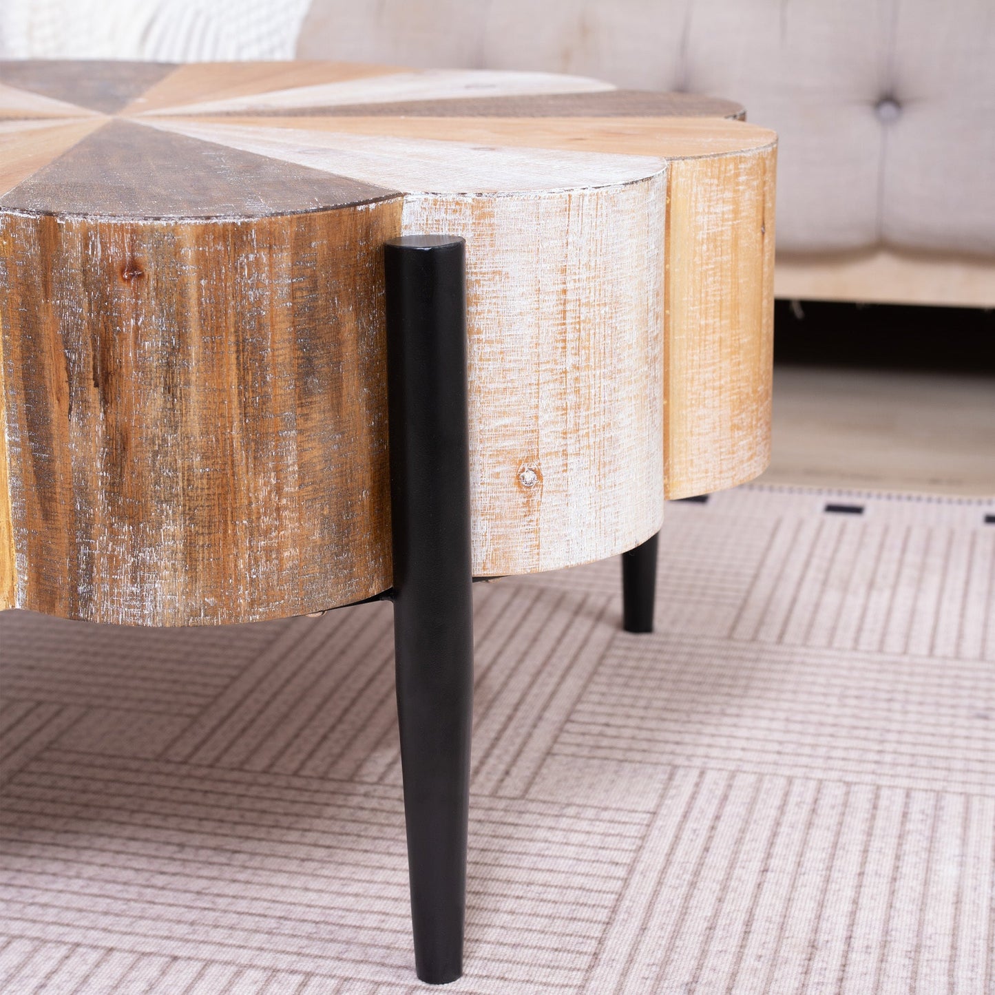 Rustic Manufactured Wood Flower-Shaped Coffee Table with Metal Legs