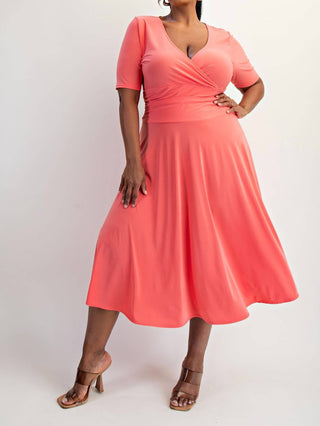 The Curve La - Plus Size Knit Surplice Midi Dress With Full Skirt