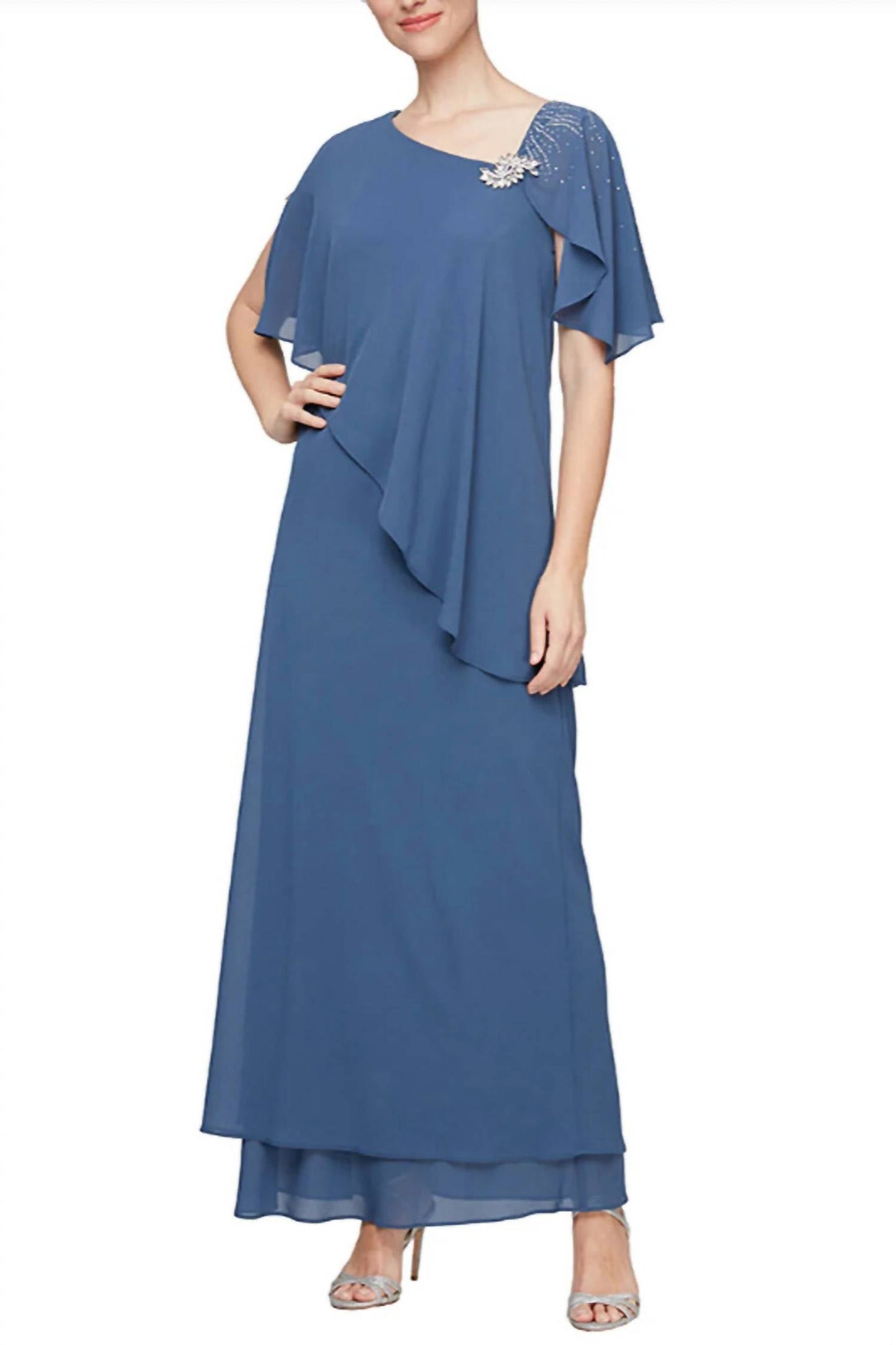 Alex Evenings - Chiffon Long Overlay Asymmetric L-neckline Bodice Dress