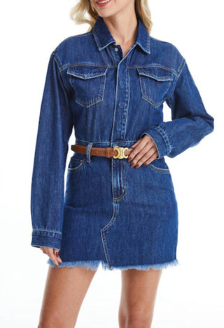 Bayeas - Resa Long Sleeve Fray Hem Denim Mini Shirtdress