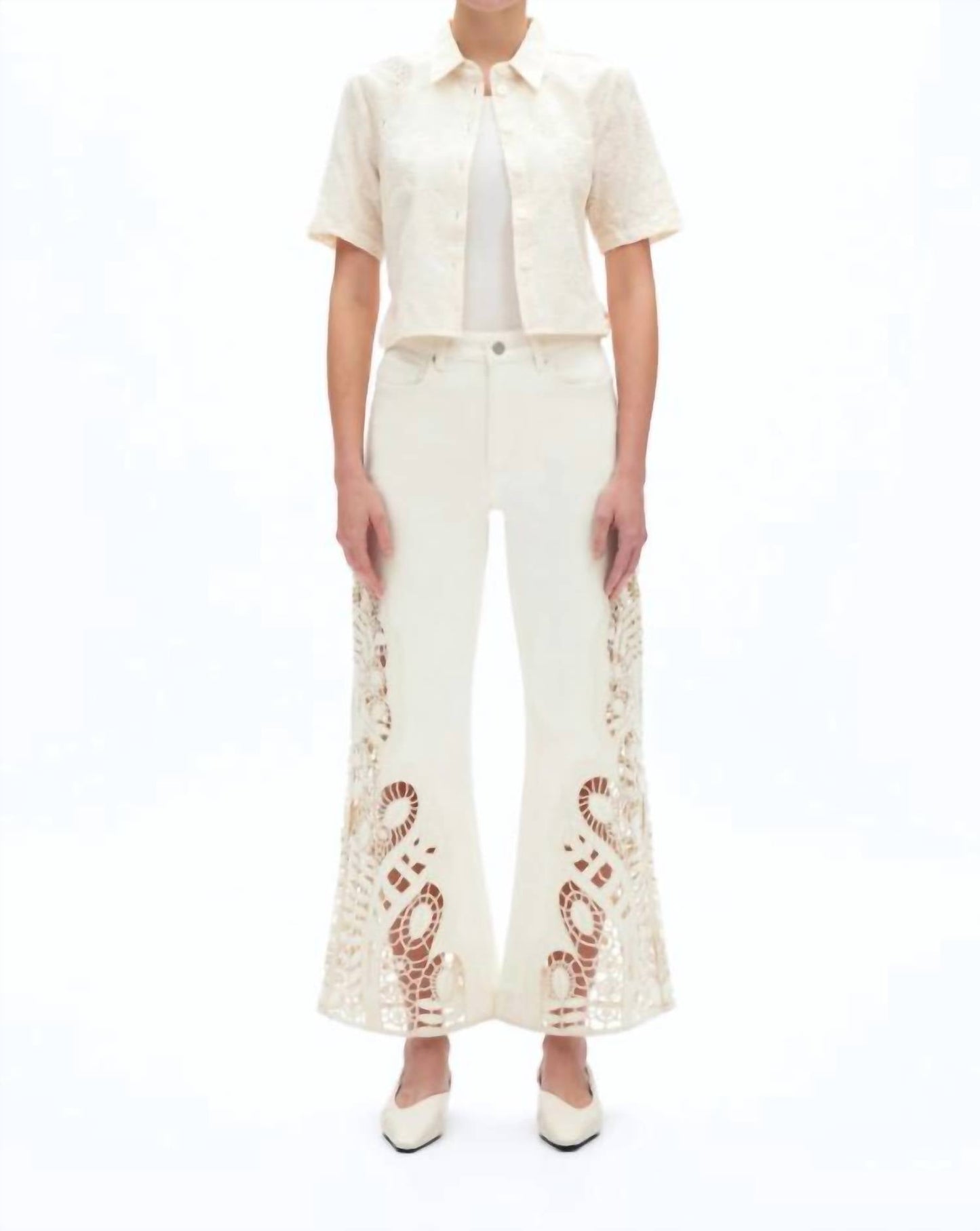 Bayeas - Embroidered High Rise Wide Leg Pants