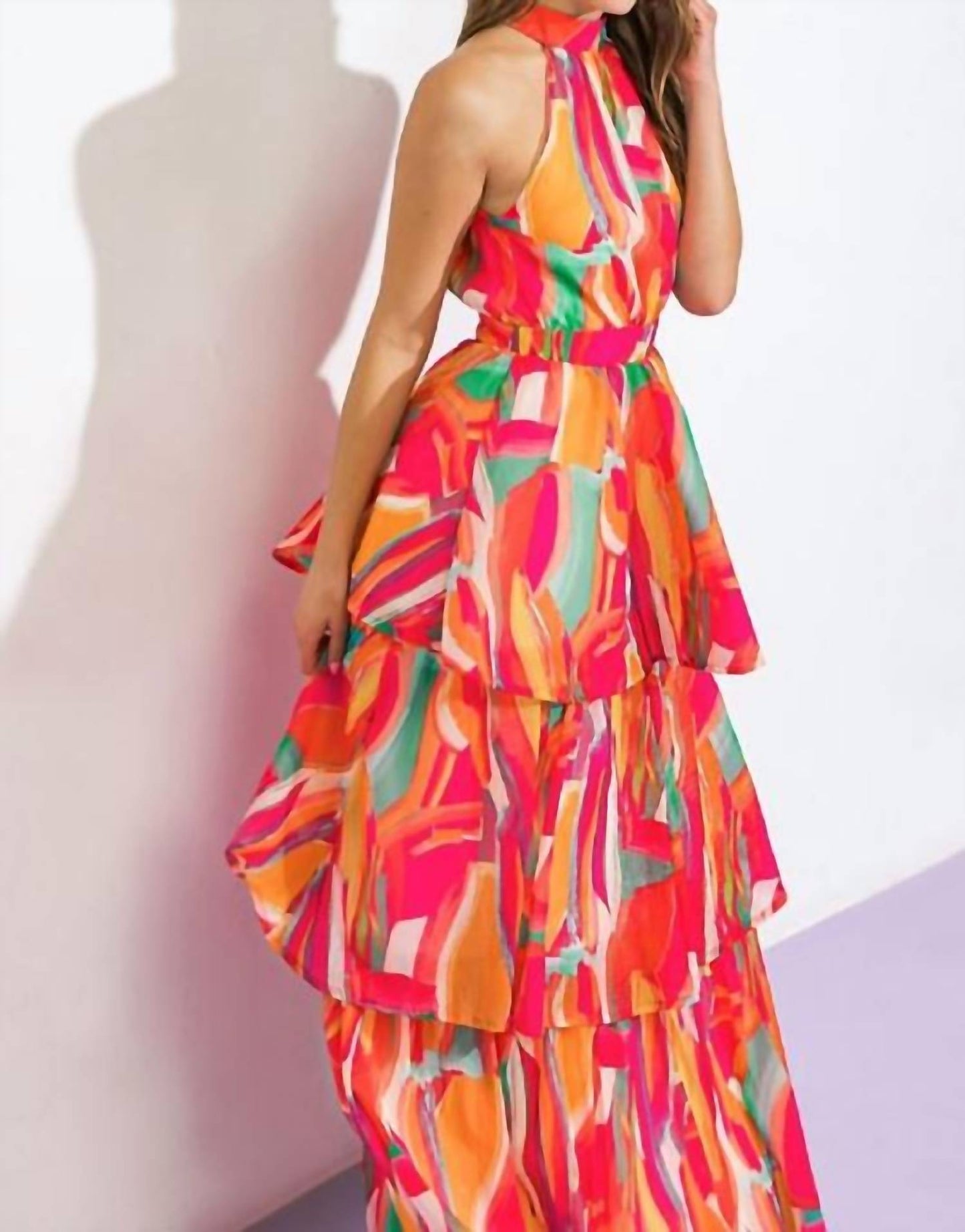 Flying Tomato - Sunset Senorita Halter Abstract Tiered Maxi Dress