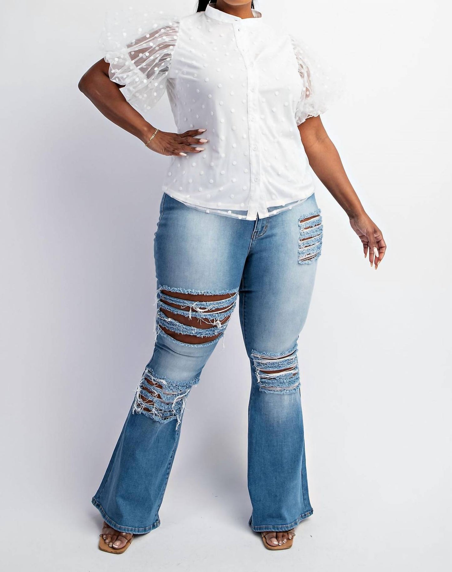 The Curve La - Plus Size Dot Mesh Knit Shirt With Puff Sleeve
