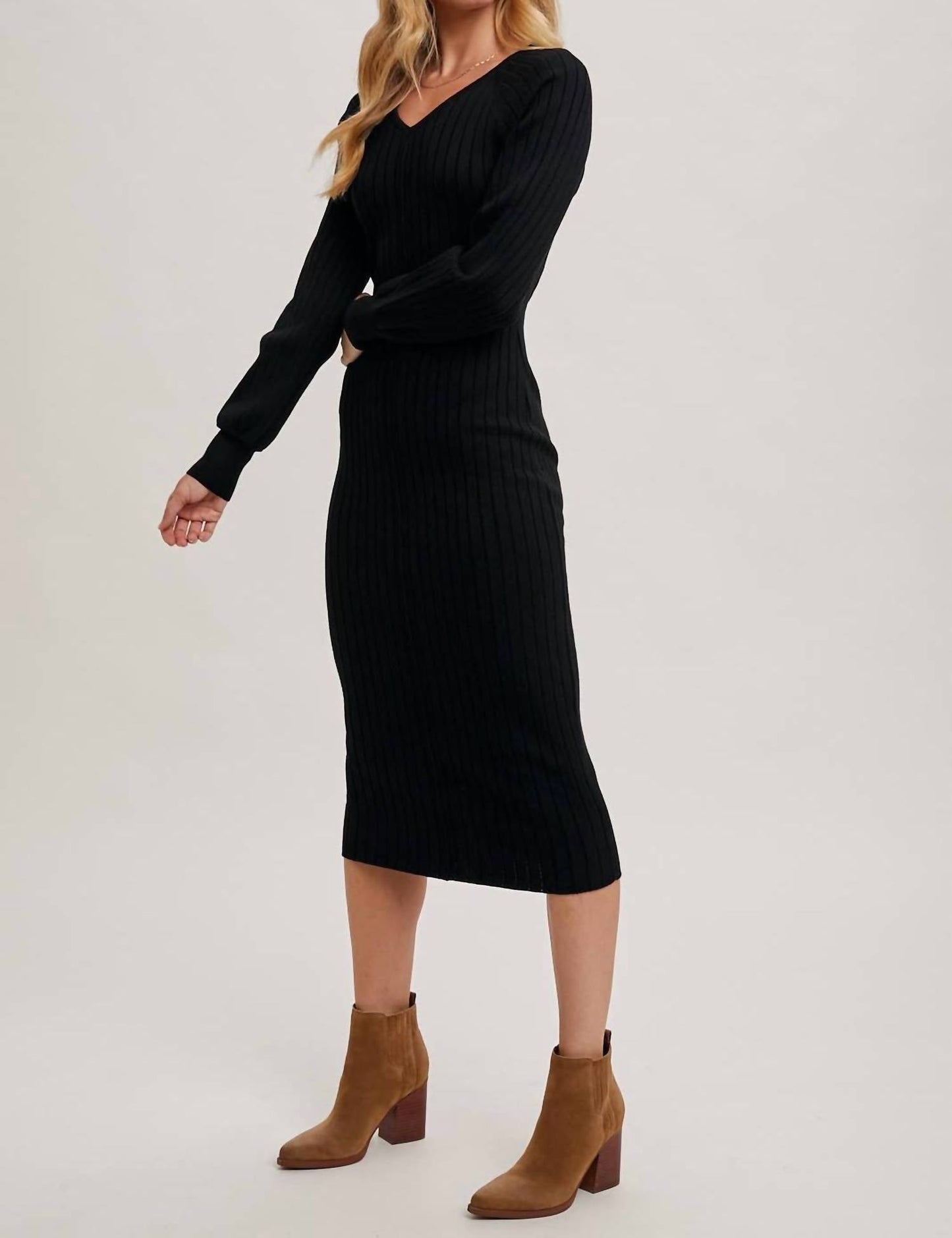 Bluivy - Women's V Neck Ribbed Knit Sweater Midi Dress