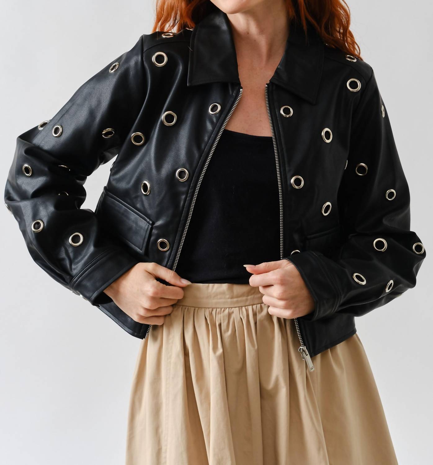 Aaron & Amber - Grommet Faux Leather Jacket