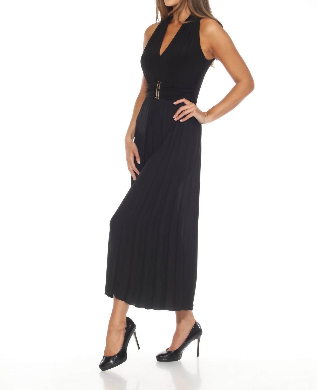 Joseph Ribkoff - V-neck Sleeveless Pleated Wide-leg Jumpsuit
