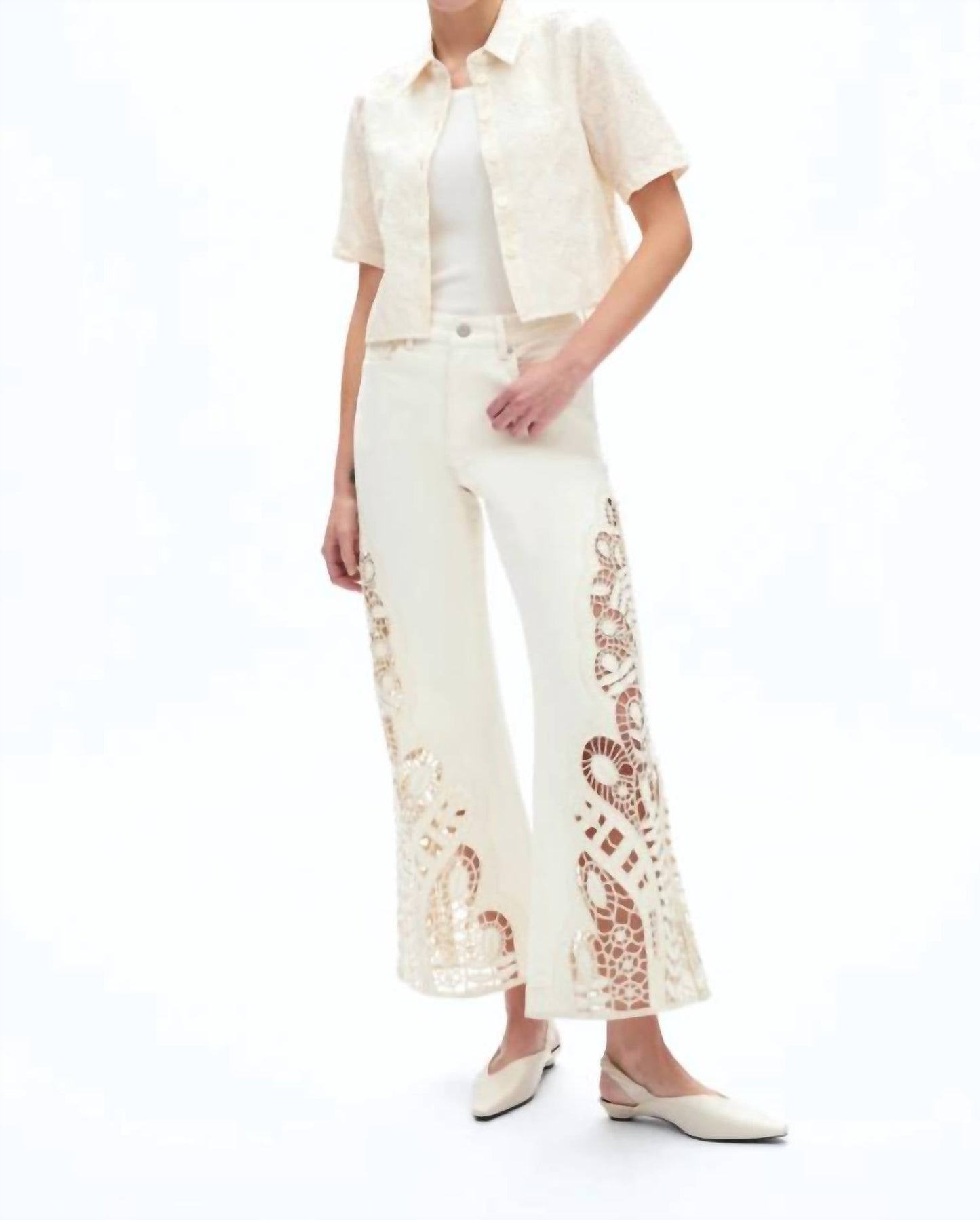 Bayeas - Embroidered High Rise Wide Leg Pants