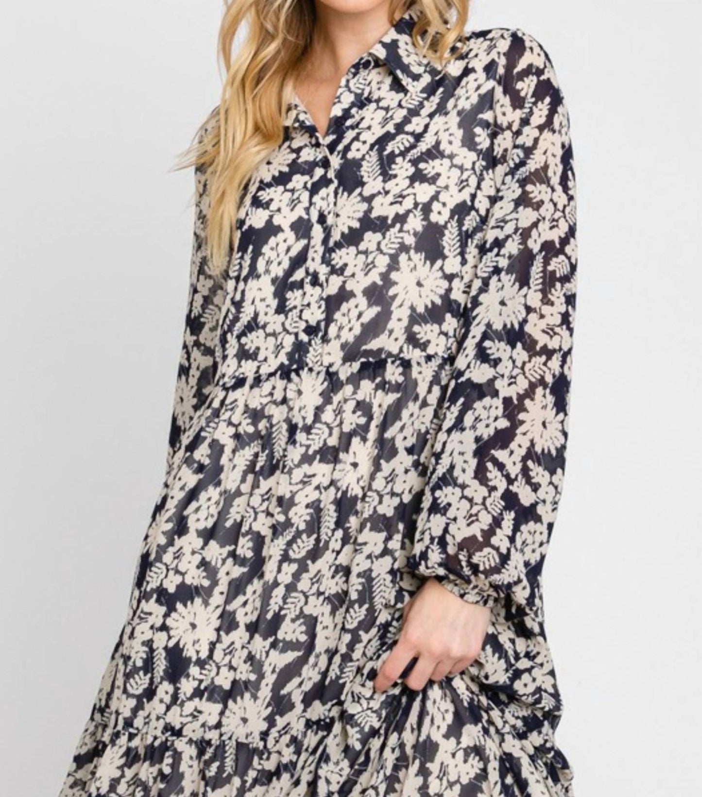 Calista - Oslo Long Sleeve Floral Patterned Tiered Midi Dress