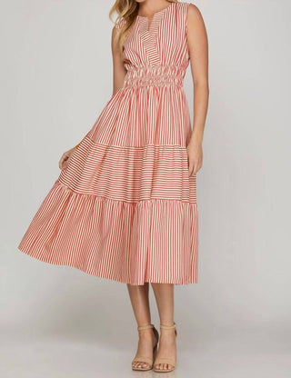 She + Sky - Striped Split Neck Sleeveless Midi Dress