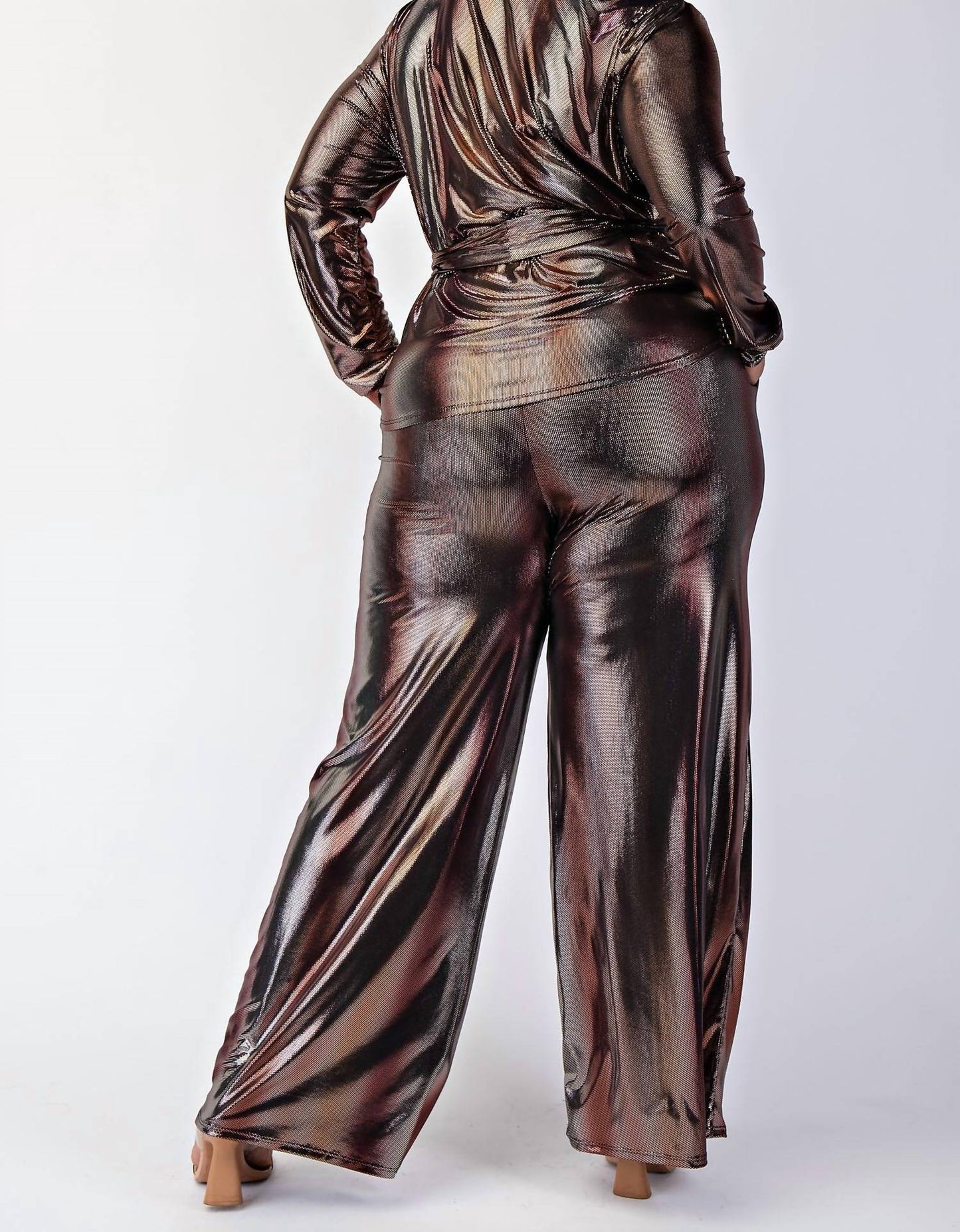 The Curve La - Plus Size Foil Knit Long Sleeve Shirt Top And Wide Leg Pants Set