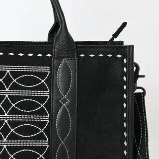American Darling - Women's Black Suede Tote Bag With White Hand-stitching