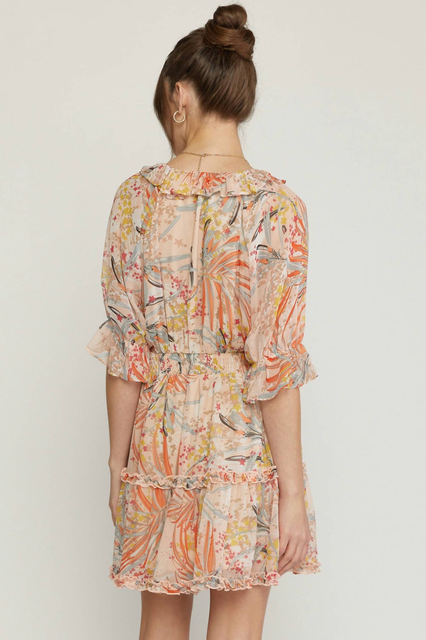 Entro - Print Dress With Ruffle Detail And Smocked Waist