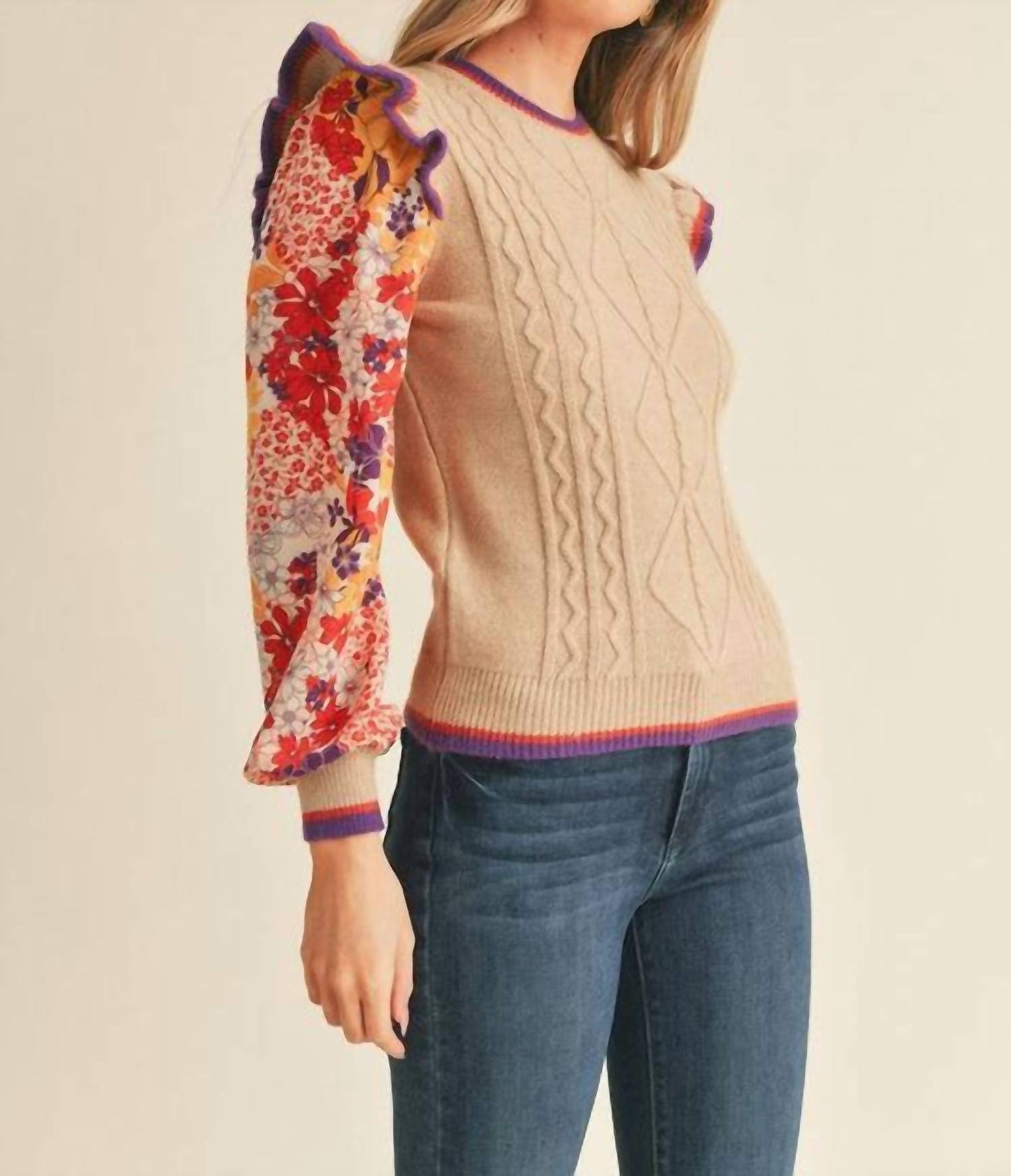 &Merci - Knit Sweater With Woven Floral Sleeves