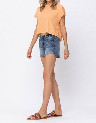 Judy Blue - Mid Rise Half Cuffed Jean Shorts