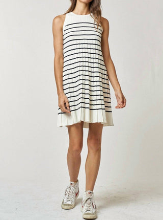 Lalavon - Striped Pleated Sleeveless Sweater Mini Dress