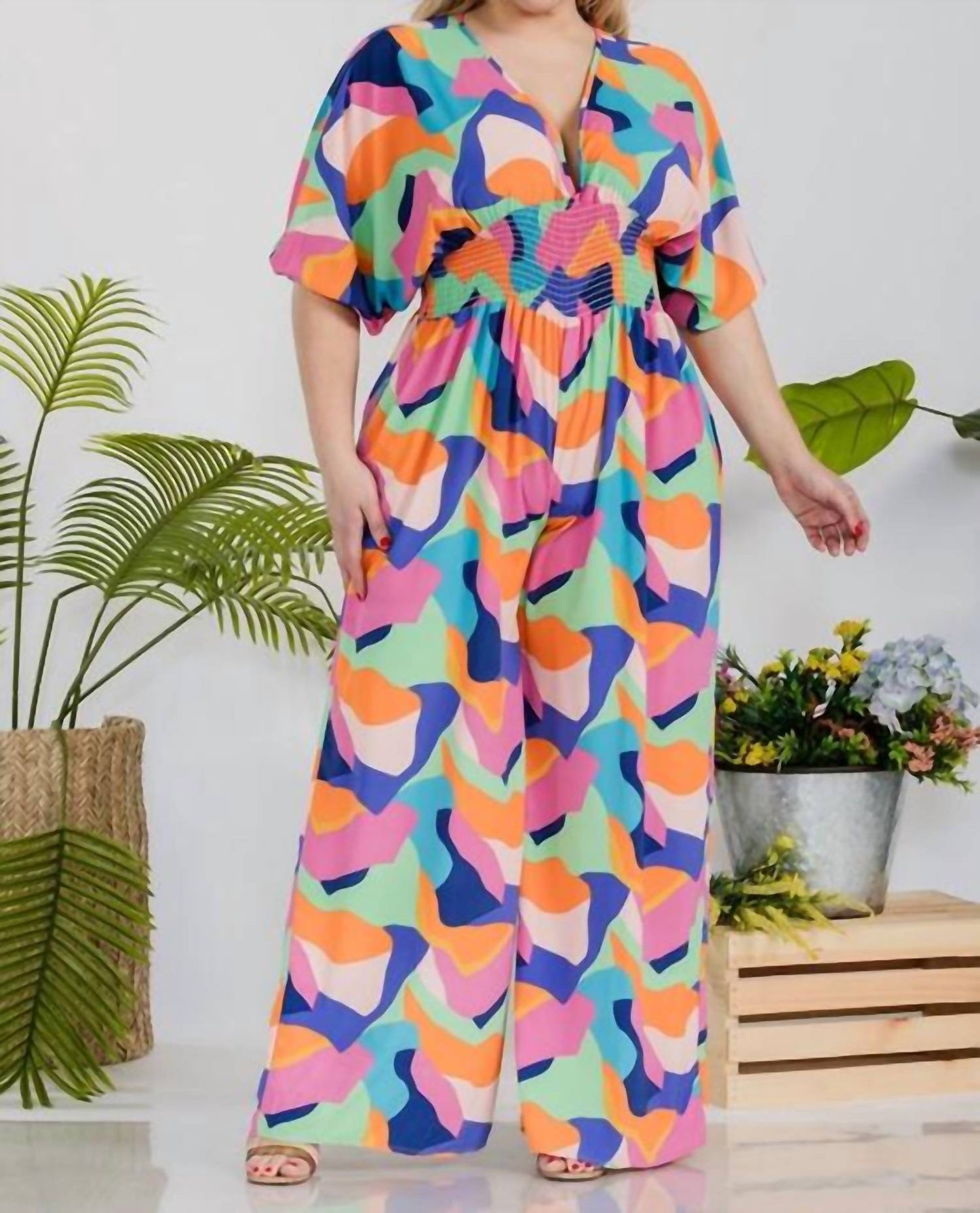 Karen T Design - Smocked V-neck Jumpsuit