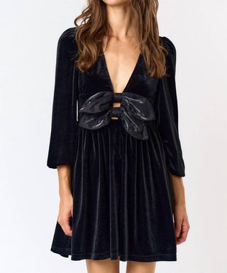 Lalavon - Velvet Bow Long Sleeve Mini Dress