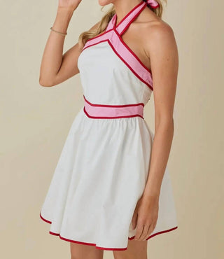 Baby Pink - Colorblock Strap Design Halter Neck Mini Dress