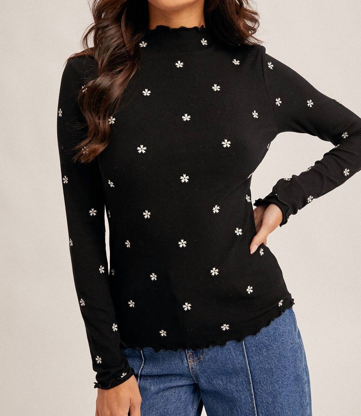 Hem & Thread - Eden Flower Embroidered Mock Neck Sweater