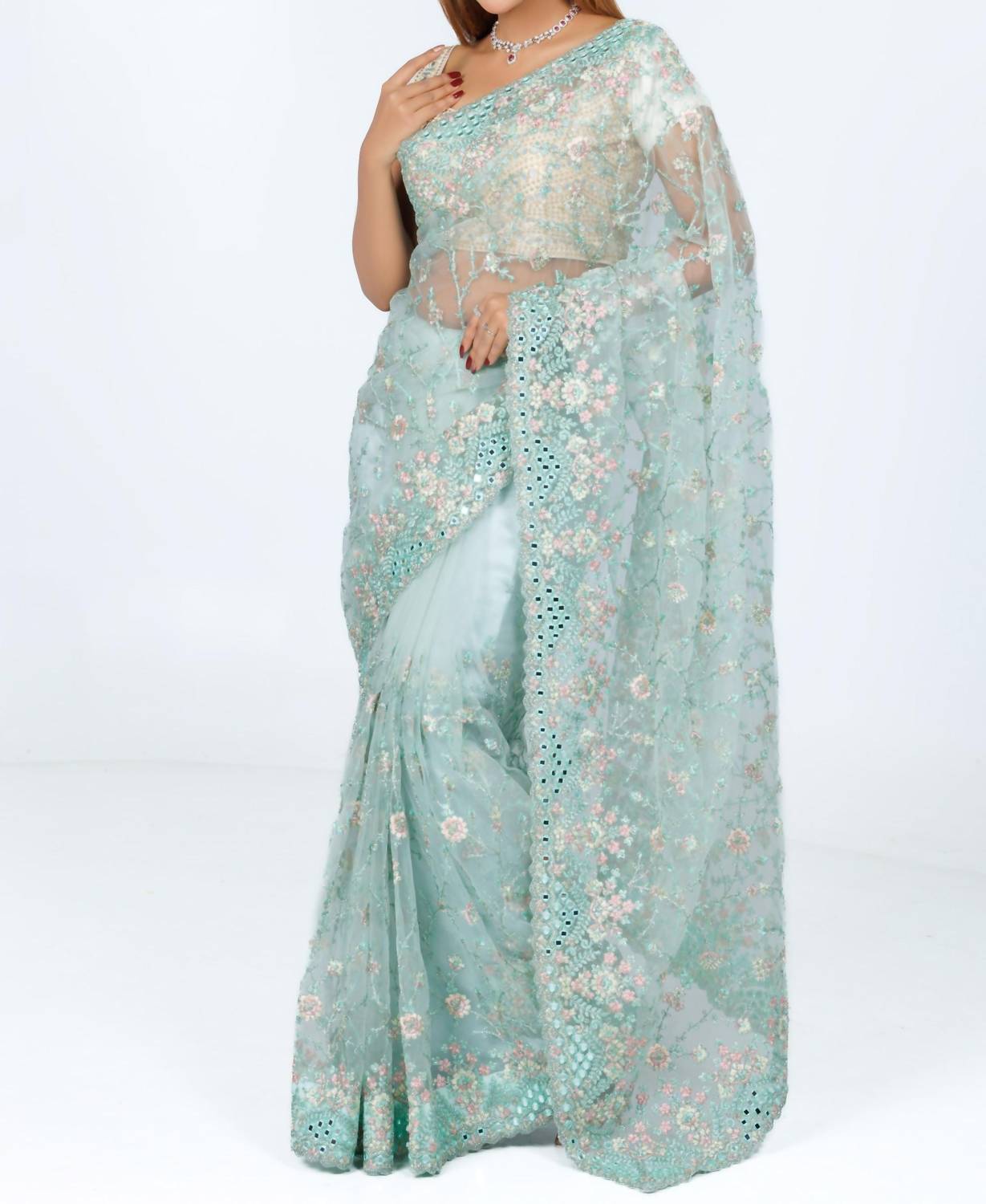 Zaalima Fashion - Mint Green Hand-embroidered Organza Saree