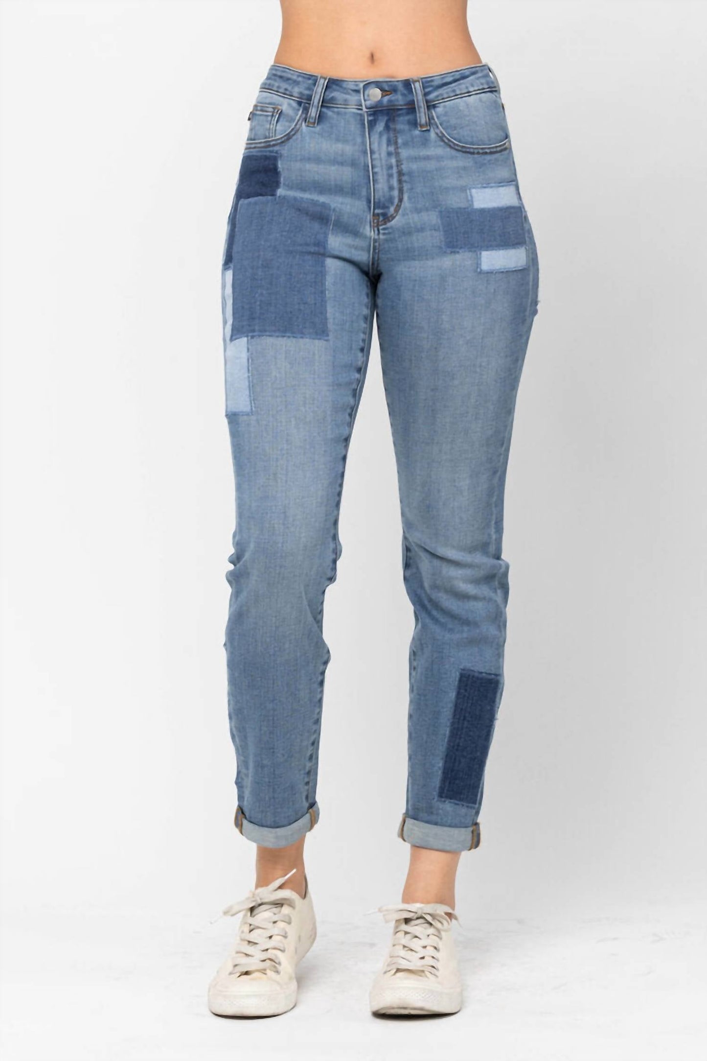 Judy Blue - High Waist Double Rolled Cuff Patch Boyfriend Jeans