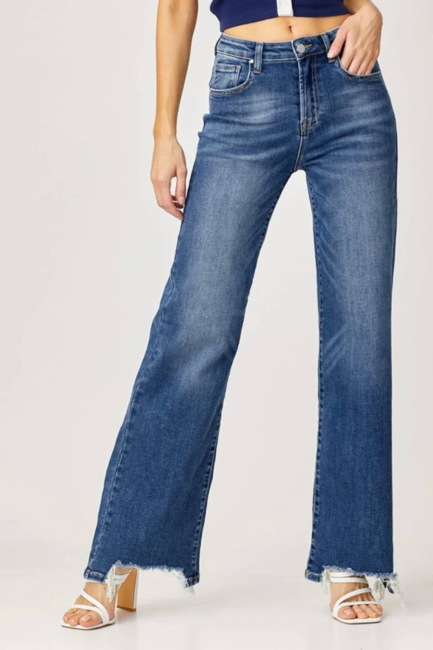 Risen - Frayed Hem Wide Leg Jeans