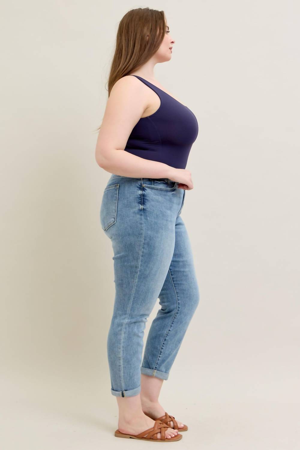 Judy Blue - Mid Rise Bleach Wash Cuffed Boyfriend Denim Jeans - Plus Size