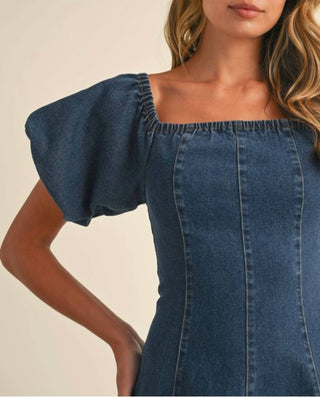 Klesis - Denim Puff Sleeve A-Line Midi Dress