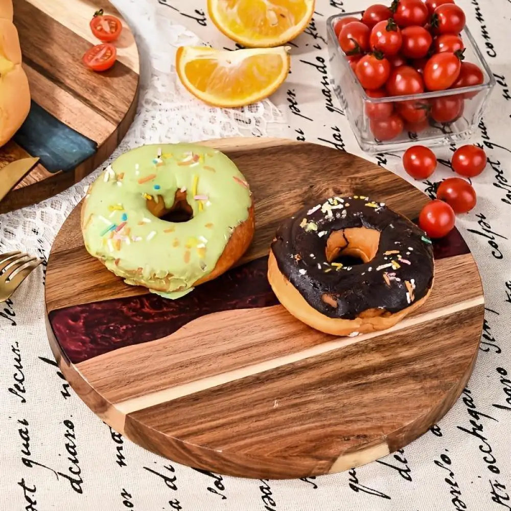 Teal Resin River Round Wooden Charcuterie Board