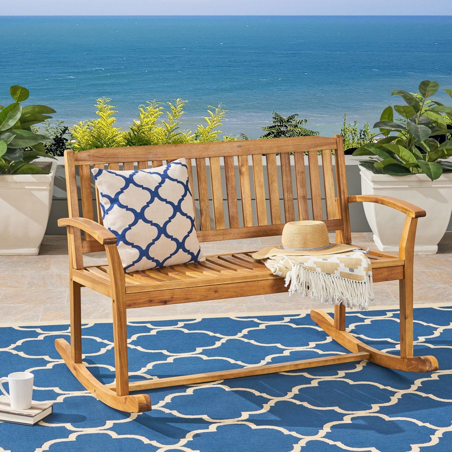 Outdoor Rocking Loveseat with Acacia Wood Frame - Natural