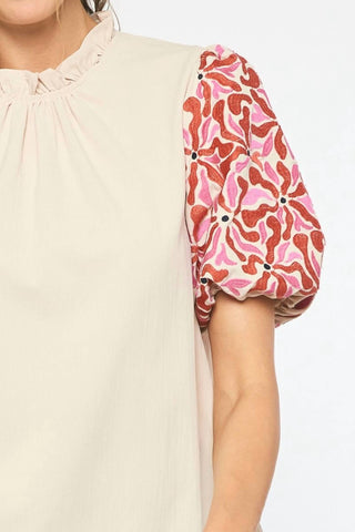 Entro - Embroidered Puff Sleeve Top