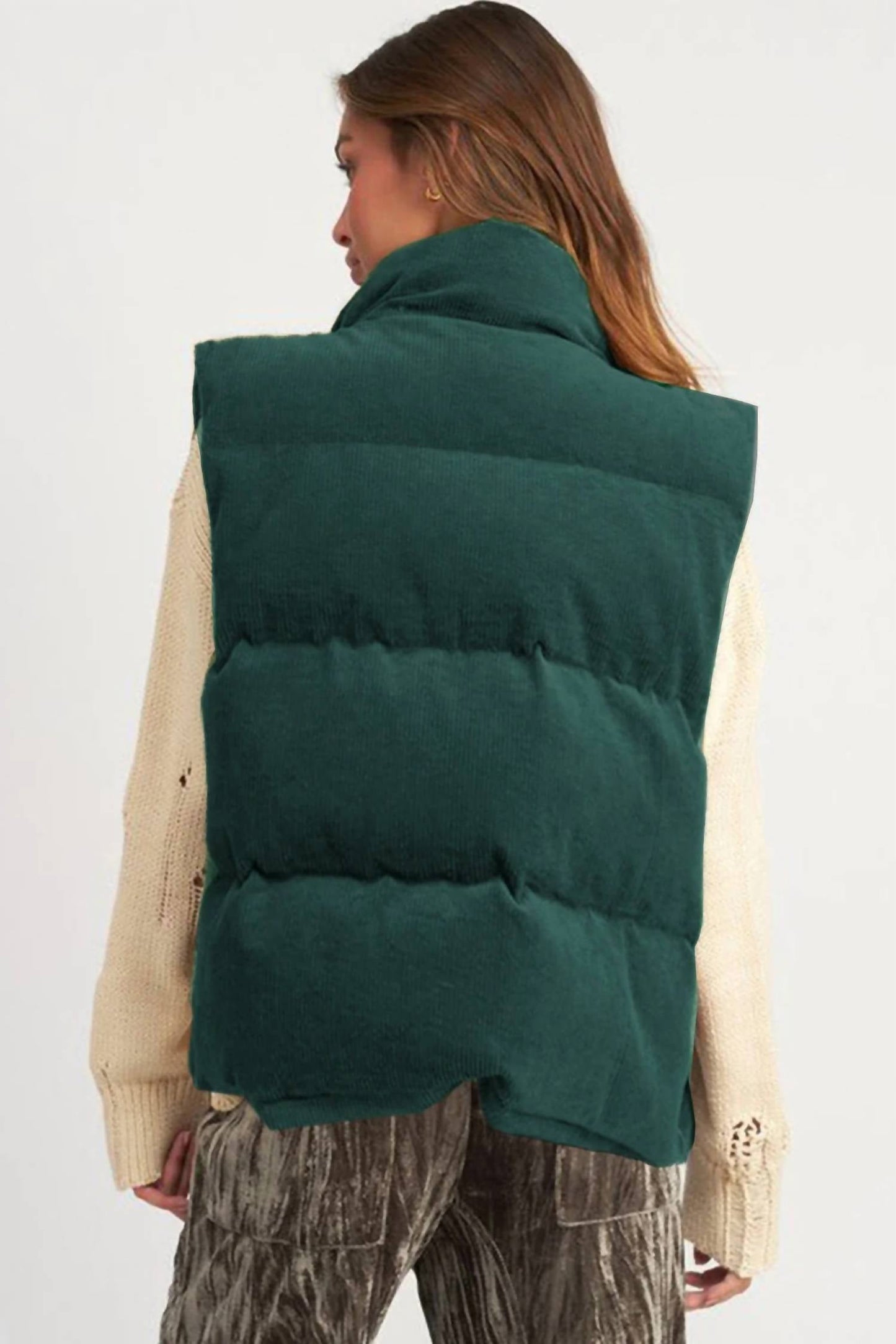 1 With Women - Corduroy Stand Neck Zipped Puffer Vest
