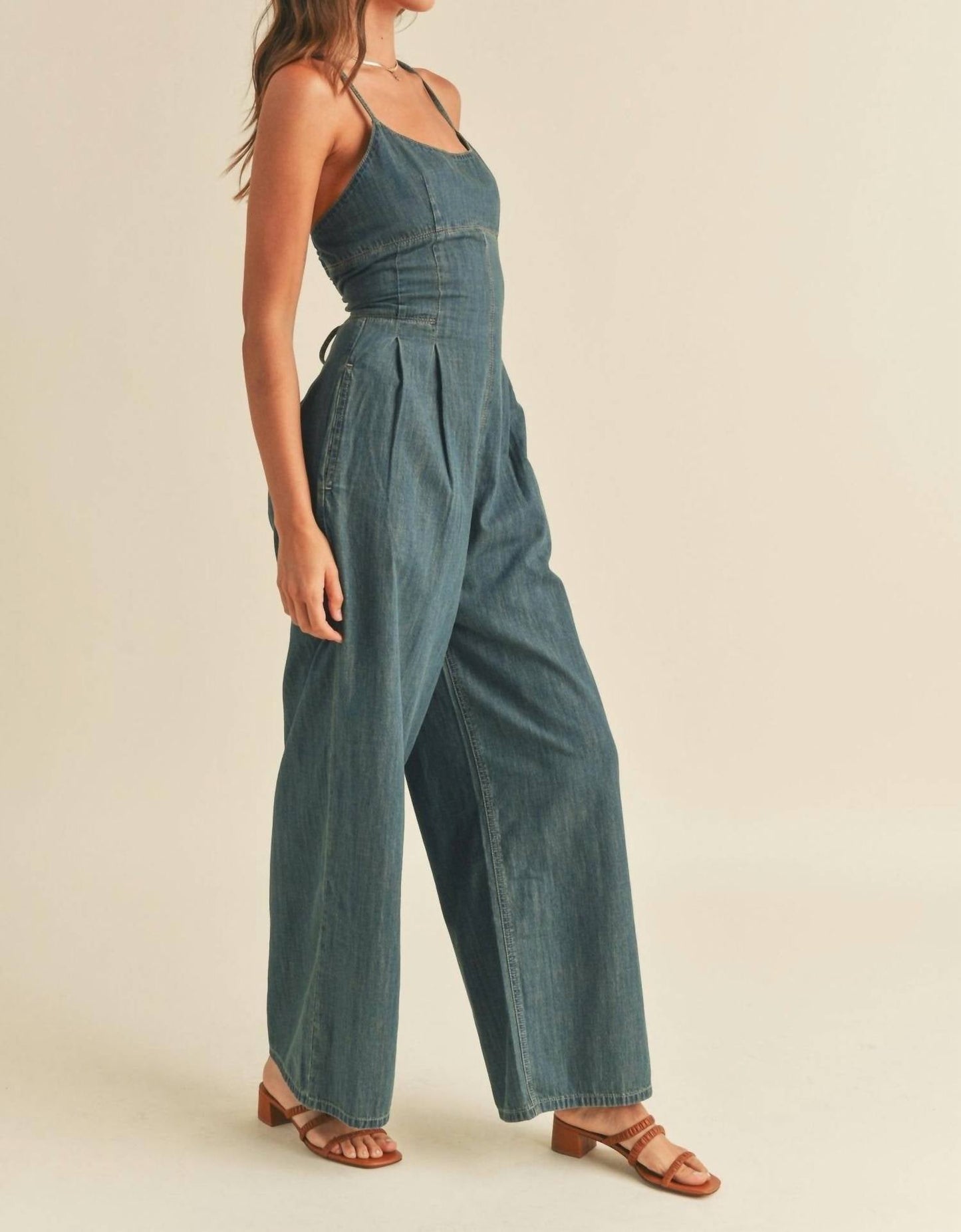 Miou Muse - Lace-up Washed Denim Jumpsuit