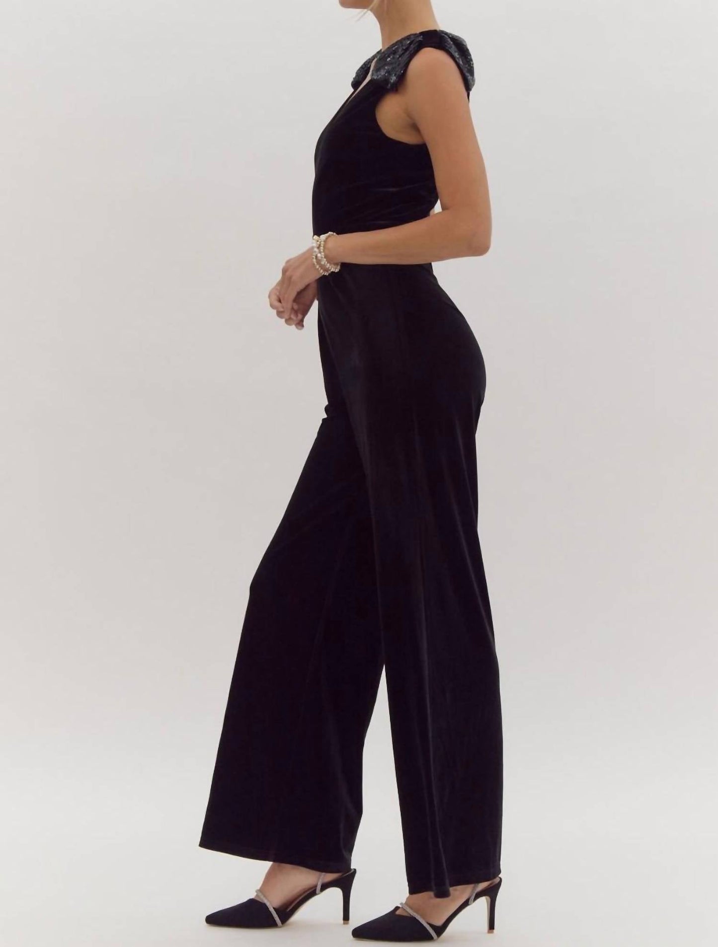 Entro - Wide Leg Jumpsuit With Sequin Bow Shoulder
