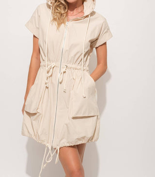 And The Why - Short Sleeve Drawstring Hooded Mini Dress