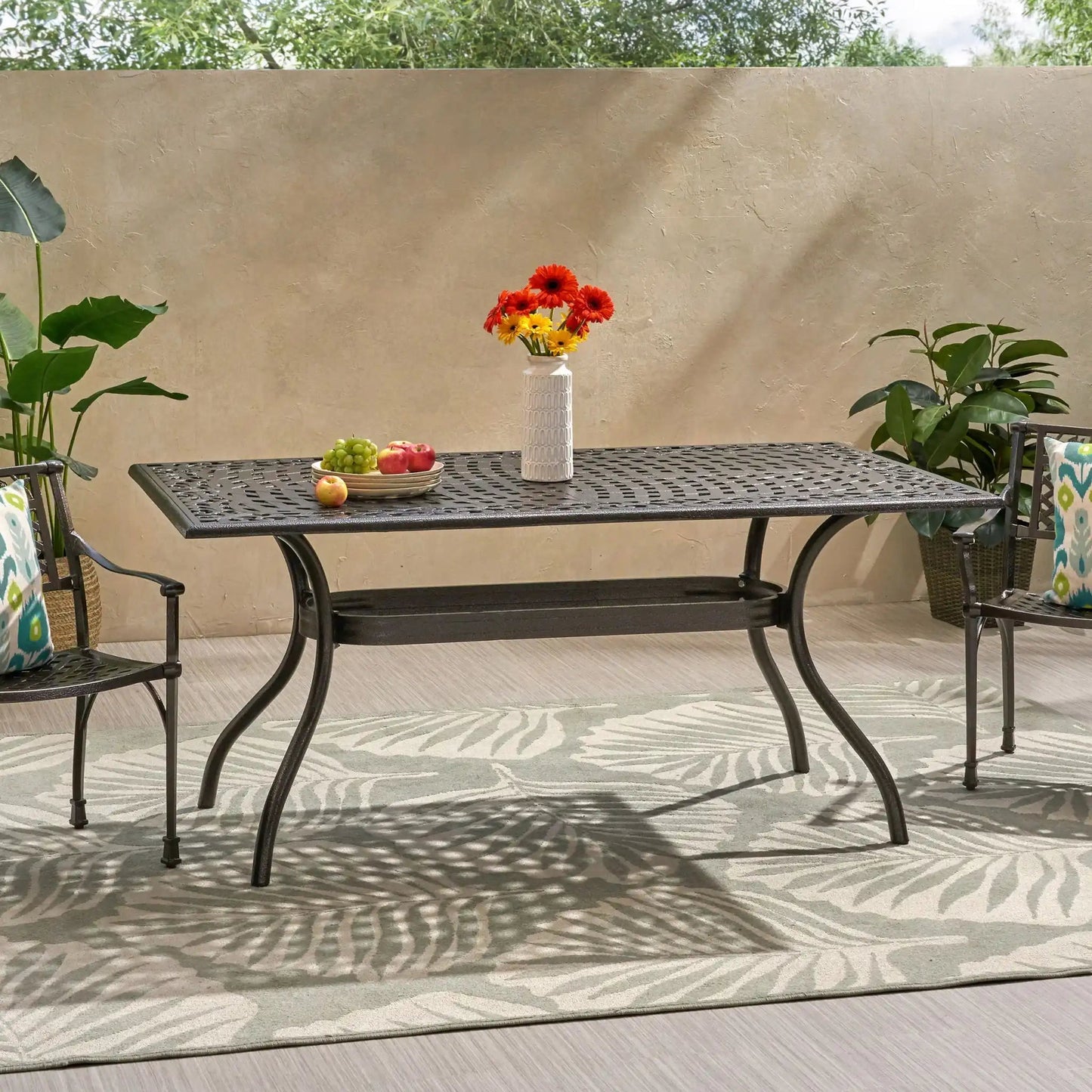 Celestine Outdoor Cast Aluminum Dining Table with Floral Lattice and Umbrella Holder