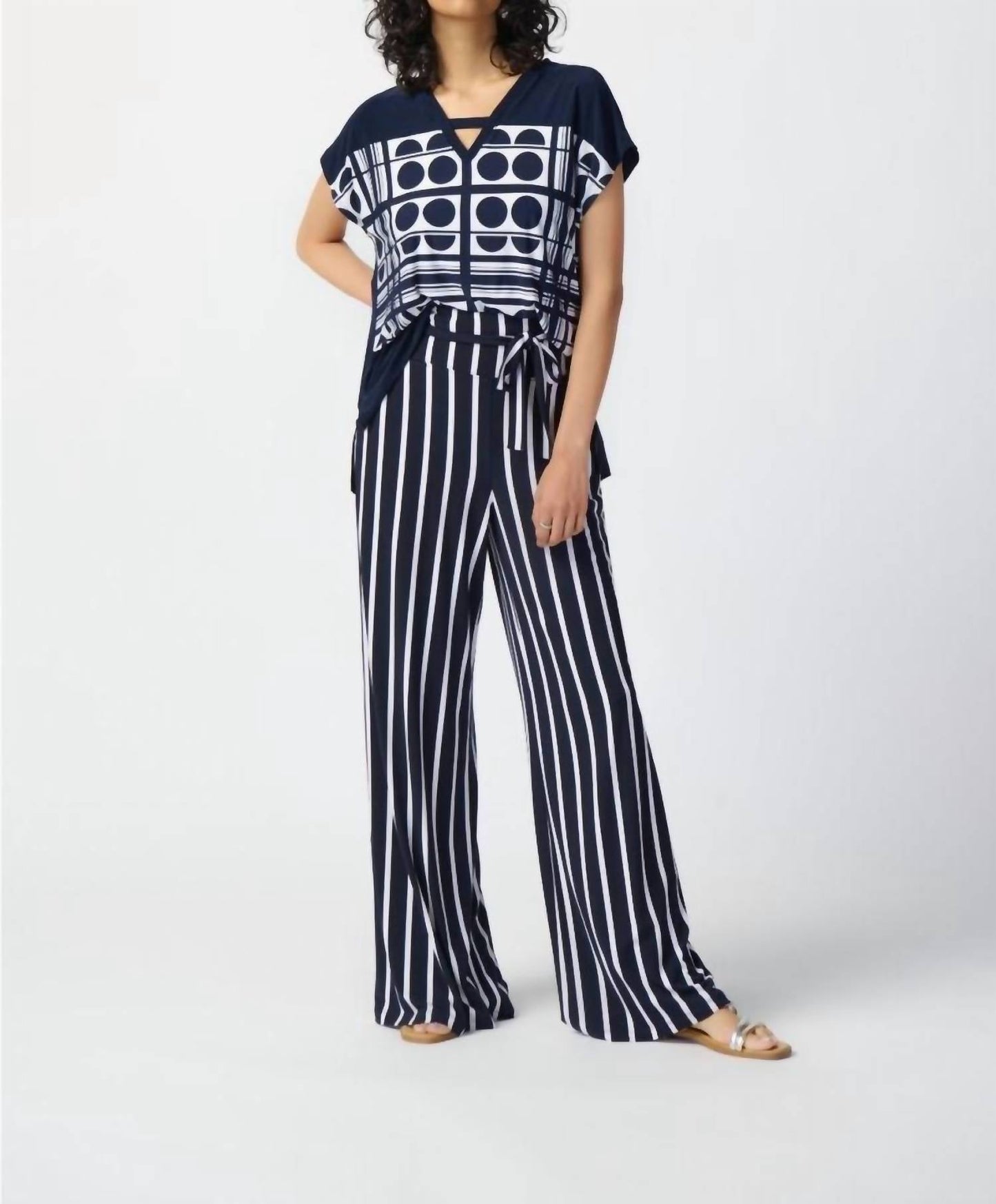 Joseph Ribkoff - Joseph Ribkoff Striped High-waist Belted Wide-leg Pants 241135 *