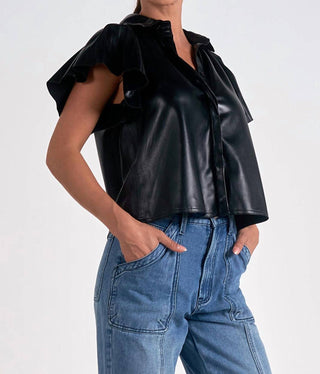 Elan - Leather Flutter Sleeve Top
