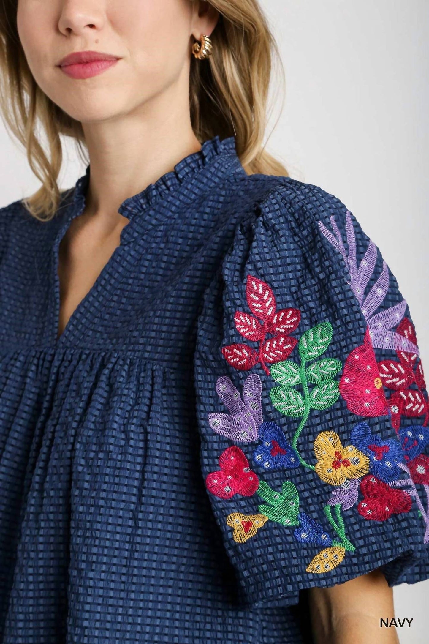 Umgee - Bubble Sleeve Embroidered Blouse