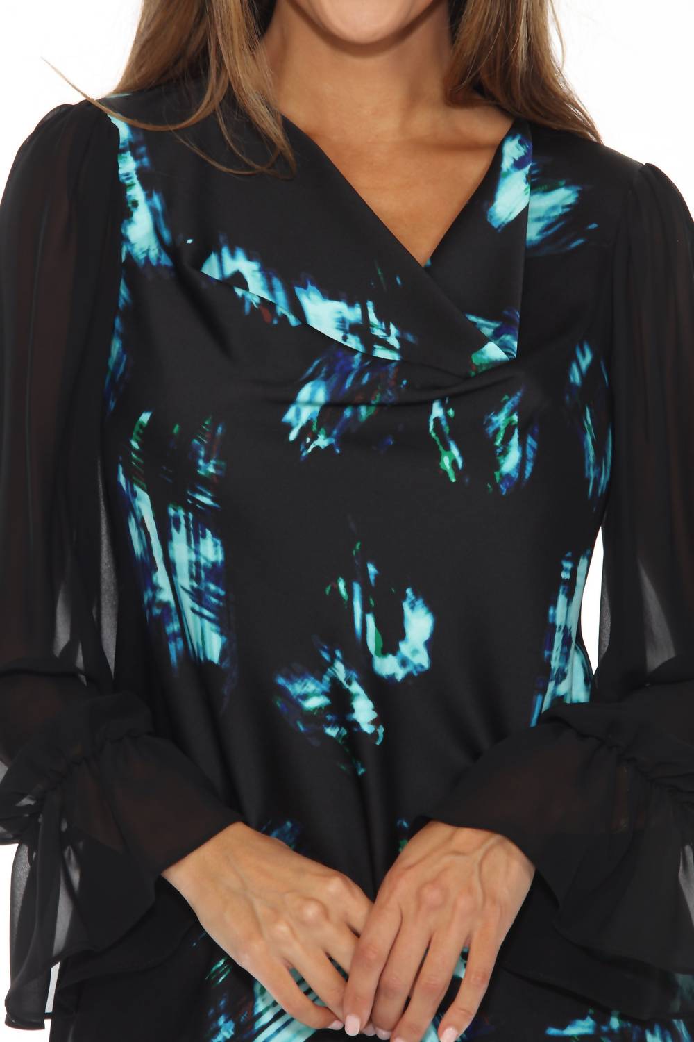 Joseph Ribkoff - Abstract Cowl Neck Chiffon Sleeve Top