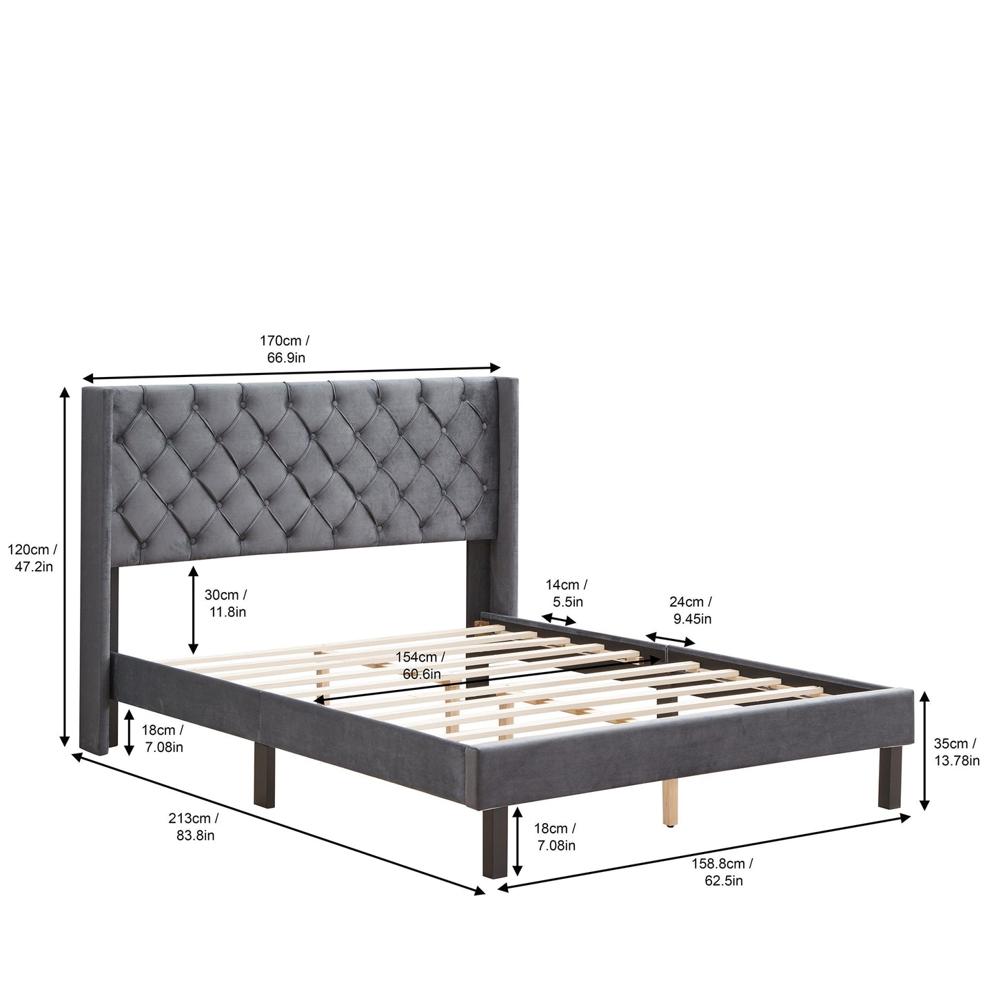 Velvet Button Tufted Upholstered Bed with Wings Design - Queen